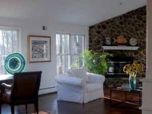 Our client’s beautifully renovated study off the new kitchen! #woodfloors #stonefireplace #glassart