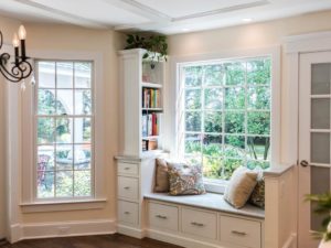 Cozy window seat in our client’s beautiful kitchen! #njdesign #windowseat #njkitchen #cozyseat #windowviews