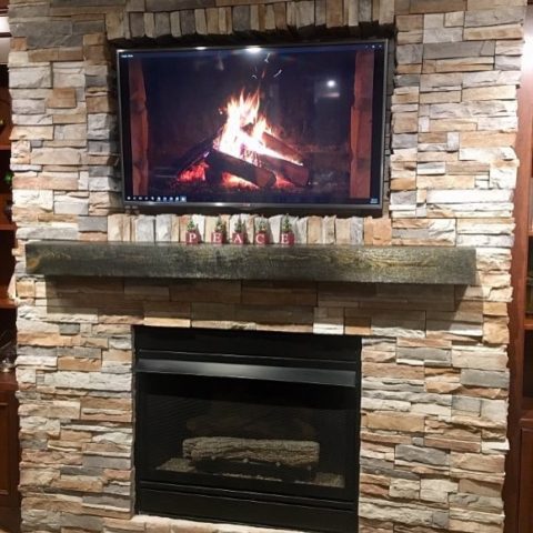 Weather is cold in Hightstown but we're staying warm in #downtownhightstown #designnj #beginningtolookalotlikechristmas #stonestackedfireplace #holidayfireplace #njkitchenrenovations