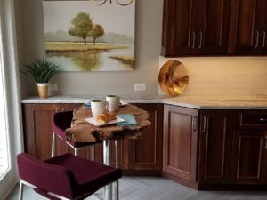 In the middle of a photoshoot in our client’s new kitchen!! #njkitchendesign #njkitchenremodel #designnj #liveedgewoodtable #candlelightcabinetry #breakfastisserved #leatheredgranite