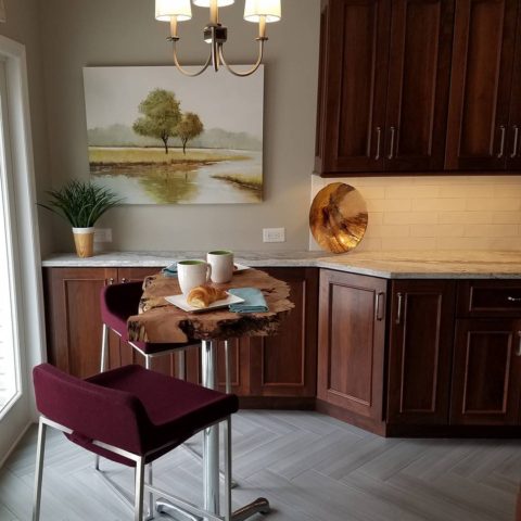 In the middle of a photoshoot in our client's new kitchen!! #njkitchendesign #njkitchenremodel #designnj #liveedgewoodtable #candlelightcabinetry #breakfastisserved #leatheredgranite