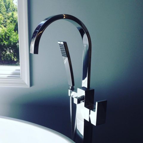 Love this @newportbrass tub filler in our client's master bath! #bathremodel #chromefaucet #designnj #newjerseykitchenandbath #newjerseybathroom #masterbathroom