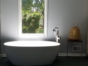 Sun shining in our client’s new free standing master bath tub! 
#freestandingtubfiller 
#freestandingtub
#fleurcotub
#eggtub 
#newjerseybathrenovation 
#newportbrass
#designnj
#kitchenandbathdesign