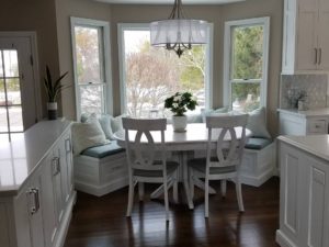 New window seat area in our client’s kitchen remodel! #kitchendesign #kitchenbaywindow #windowseat #njkitchenandbathdesign #designnj #whitekitchencabinets #woodfloors #baywindow #newjerseykitchenandbathshowroom