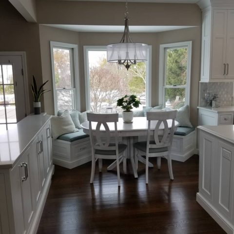 New window seat area in our client's kitchen remodel! #kitchendesign #kitchenbaywindow #windowseat #njkitchenandbathdesign #designnj #whitekitchencabinets #woodfloors #baywindow #newjerseykitchenandbathshowroom