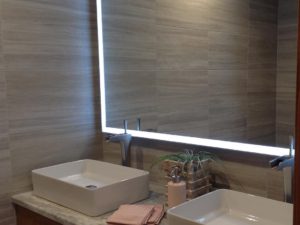 Another view of our client’s newly renovated bathroom. #njbaths #newjerseybathremodel #njbathdesign #designnj #ledmirror #doublesink #granitecountertops