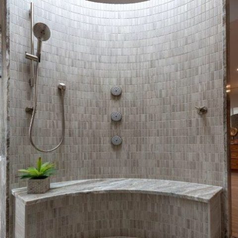 Interior view of our client’s curved wall curbless shower! #njbathrooms #designnj #njdesigner #kitchenandbathshowroom #showertime #newjerseydesign