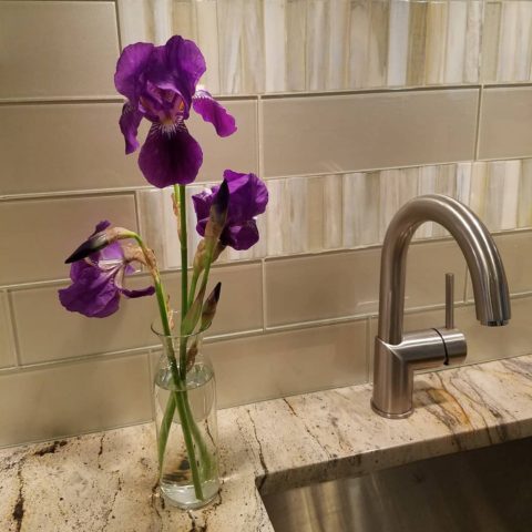 Garden irises in our client's renovated kitchen!  #glasssubwaytile #undercabinetlighting  #undermountsink #kitchendesign #kitchenandbathrenovation #irises #purpleflowers  #stainlessfaucet #granitecounters