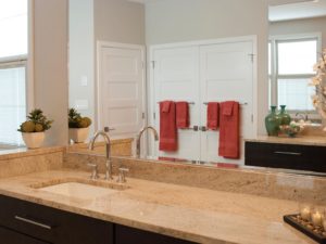 Master bath renovation complete! Large mirrors,5 panel doors & “Astoria” granite complement this neutral design! #newjerseydesign #kitchenandbathshowroom #njbathrooms #cleanlines #designnj #newjerseyremodelingcontractors #granitecountertops