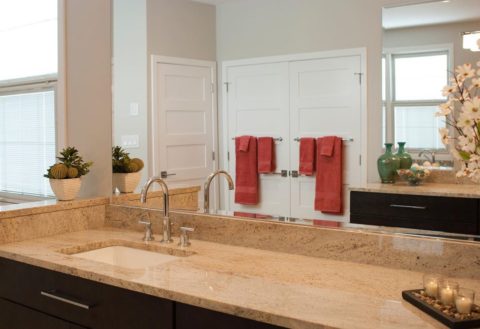 Master bath renovation complete! Large mirrors,5 panel doors & “Astoria” granite complement this neutral design! #newjerseydesign #kitchenandbathshowroom #njbathrooms #cleanlines #designnj #newjerseyremodelingcontractors #granitecountertops