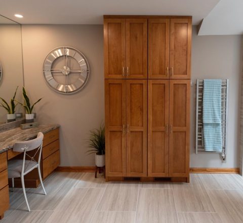 Custom linen closet in our client’s renovated bathroom. #newjerseydesign #njbathroomdesign #designnj #linencloset #bathroomremodel #bathroomdecor #bathmakeover