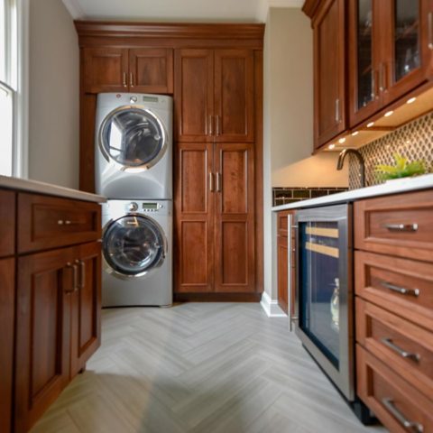 This laundry room is dual purpose - also a butler’s pantry!
#dualpurposerooms #laundryroom #butlerspantry #chevronfloor #newjerseydesign #newjerseykitchenandbath #designnj #njremodeler