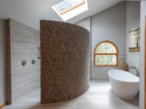 Another look at a recent master bathroom Reno. ❤️ that curved shower wall! #njlife #masterbathroom #newjerseydesign #designinspiration #masterbathinspo #freestandingtub #curblessshower #masterbathroomremodel #designnj