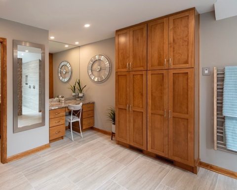 Custom linen storage closet and makeup area in our client’s renovated master bathroom. #designinspiration #masterbathroom #njdesign #customcabinets #makeupvanity #masterbathroomremodel #newjerseykitchenandbath