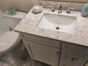 Quartz countertops tie it all together in our client’s newly renovated hall bathroom! #bathroomremodel #bathroomdesign #renovationproject #quartzcountertops #newjerseydesign #designnj #interiordesigninspiration