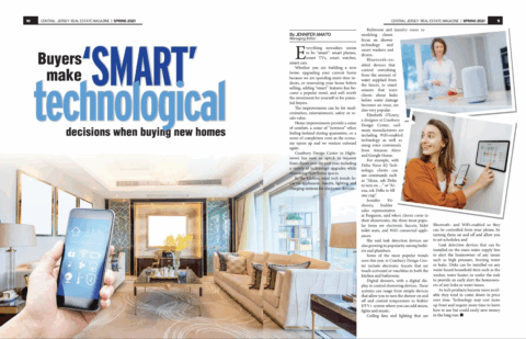 Modern living room featuring smart home devices like a thermostat and lighting controls — perfect for illustrating smart home buying tips.